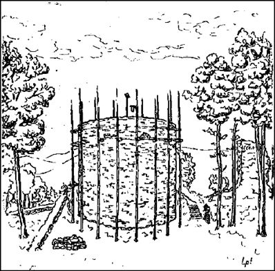 Zeichnung des Bergfrieds der Homburg im Wiederaufbau